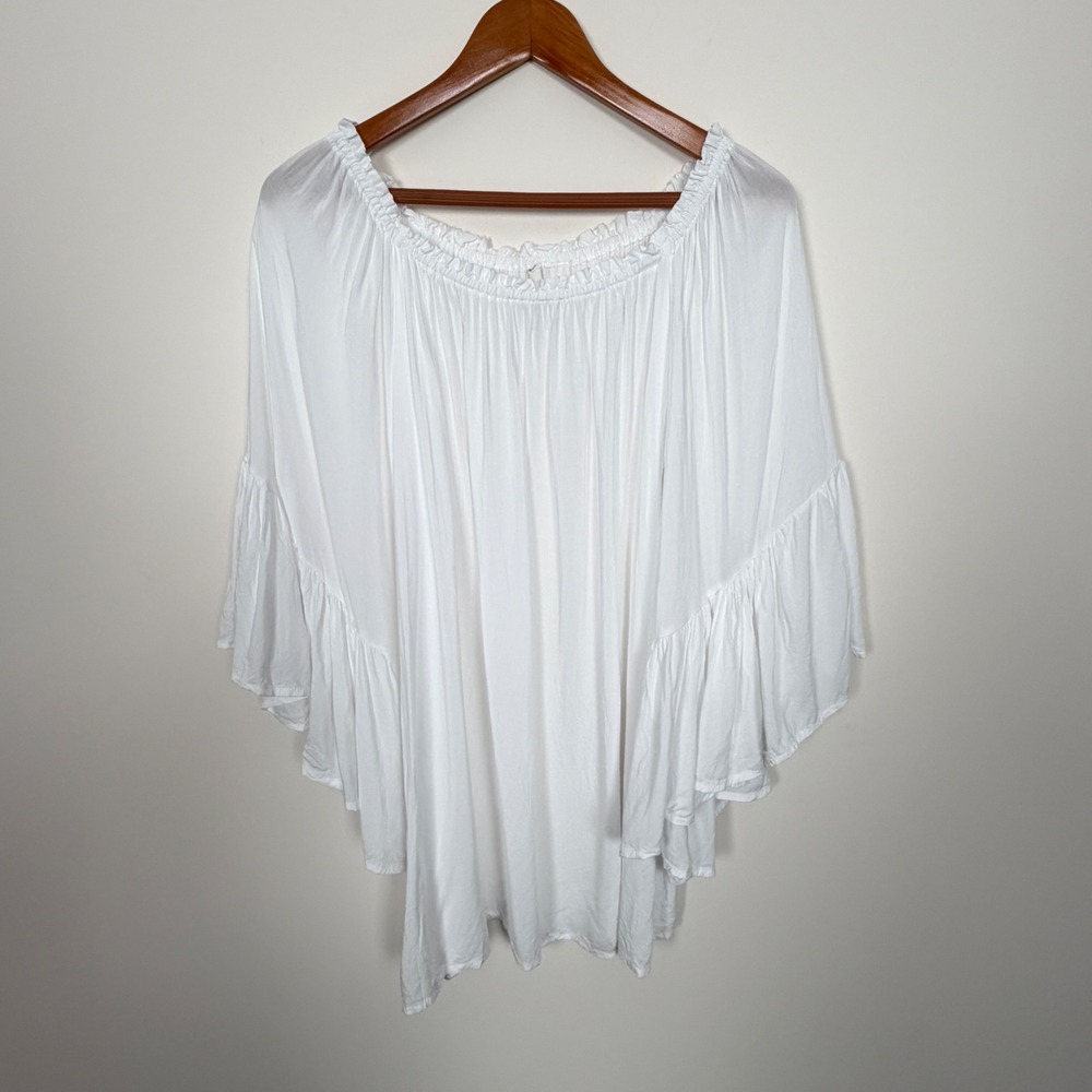 Elan Blouse Womens One Size White Off Shoulder Bell Sleeve Boho Rayon USA